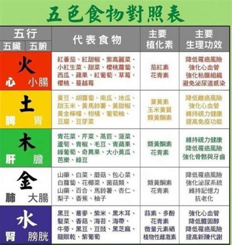 五色食物對照表